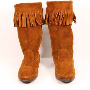 Minnetonka Brown Suede Leather Fringe Moccasin Boots - Womans Size 8.